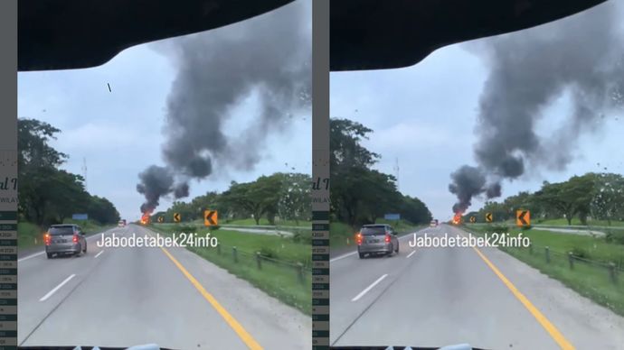 Truk tangki terbakar di Tol Cipali KM 185 A, arus macet hingga 500 meter dan petugas masih memadamkan api serta mengatur lalu lintas.