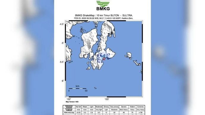 Lokasi titik gempa bumi berdasarkan permodelan oleh BMKG Kendari, Sulawesi Tenggara, Senin, 23 Februari 2026. ANTARA/HO-BMKG Kendari.