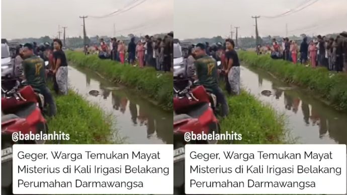Warga digegerkan dengan penemuan sesosok mayat pria tanpa identitas yang mengapung di kali irigasi belakang Perumahan Darmawangsa, Tambun Utara, Senin sore (2/3/2026).