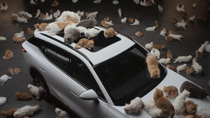 Omoda menghadirkan kampanye unik, yakni menghadirkan puluhan kucing berbulu untuk membuktikan kemampuan kaca peredam suara. (Foto: Istimewa via Carscoops)