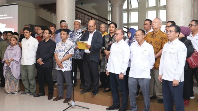 Dewan Guru Besar UGM menyampaikan pernyataan sikap terkait perjanjian resiprokal atau agreement on reciprocal trade (ART) antara Indonesia-Amerika Serikat di Balairung, Gedung Pusat UGM, Sleman, Daerah Istimewa Yogyakarta, Senin, 2 Maret 2026. ANTARA/HO-UGM.