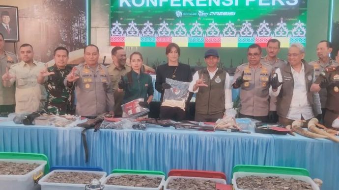 Konferensi pers Polda Riau terkait pengungkapan kematian gajah di Pelalawan yang dipimpin Kadiv Humas Polri Irjen Polisi John Edison Isir. ANTARA/Bayu Agustari Adha