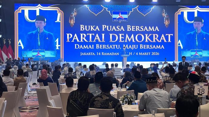 Ketua Umum Partai Demokrat Agus Harimurti Yudhoyono (AHY) di acara buka puasa bersama partainya. 