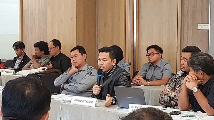 Komisioner Bidang Lisensi LMKN, Ahmad Ali Fahmi dalam acara rapat pleno pendistribusian royalti dan pengumuman unclaimed royalty di Jakarta, Selasa, 3 Maret 2026. (ANTARA/Fitra Ashari)