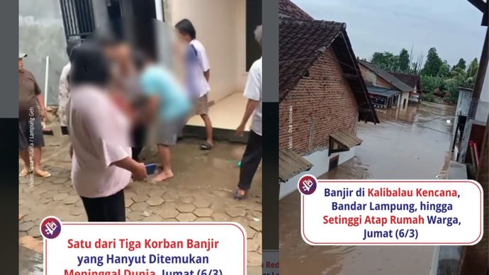 - Banjir merendam permukiman warga di Kalibalau Kencana, Kecamatan Kedamaian, Kota Bandar Lampung hingga mencapai atap rumah, Jumat (6/3).