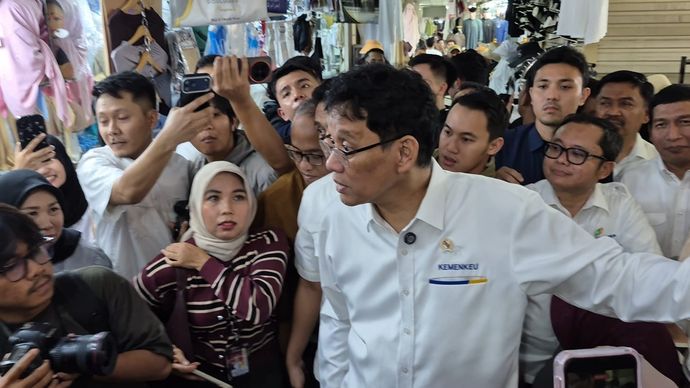 Menteri Keuangan (Menkeu) Purbaya Yudhi Sadewa mendatangi Pasar Tanah Abang, Jakarta Pusat, Senin 9 Maret 2026.