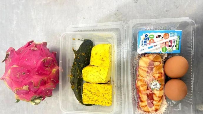 Menu tahu, tempe, dan lele marinasi dengan buah naga, susu, roti yang diberikan oleh SPPG Pamekasan Pademawu Buddagan, Jawa Timur, untuk penerima manfaat pada Senin 9 Maret 2026. ANTARA/HO-BGN.