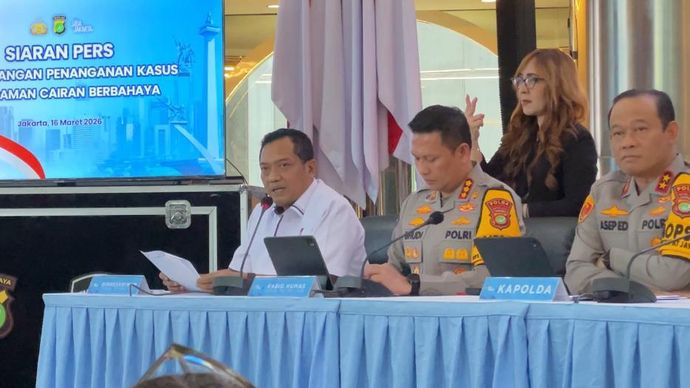 Konferensi pers Polda Metro Jaya terkait kasus penyiraman air keras terhadap aktivis KontraS, Andrie Yunus. 