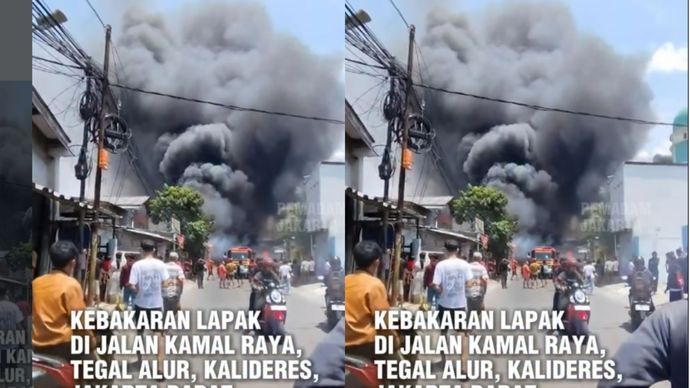 Kebakaran melanda bangunan semi permanen (lapak) yang berlokasi di Jalan Kamal Raya RT 12/RW 03, Tegal Alur, Kalideres, Jakarta Barat.
