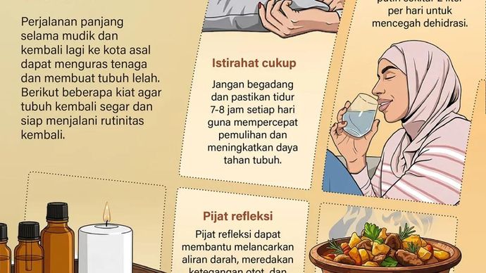 Perjalanan panjang selama mudik dan kembali lagi ke kota asal dapat menguras tenaga dan membuat tubuh lelah. Berikut beberapa kiat agar tubuh kembali segar dan siap menjalani rutinitas kembali.