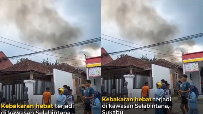 Kebakaran hebat melanda permukiman warga di Jalan Selabintana, Kampung Selaawi, Sukabumi, Jumat (27/3/2026). Sedikitnya empat rumah warga hangus setelah api muncul sekitar pukul 10.00 WIB dan cepat menyebar ke bangunan lainnya.