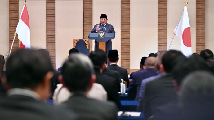 Presiden Prabowo dalam pidato kunci pada Forum Bisnis Indonesia-Jepang yang digelar di Imperial Hotel Tokyo
