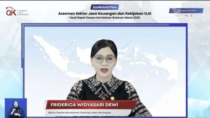 Tangkapan layar - Ketua Dewan Komisioner OJK Friderica Widyasari Dewi dalam Konferensi Pers RDKB Maret 2026 di Jakarta, Senin (6/4/2026). (ANTARA/Imamatul Silfia)