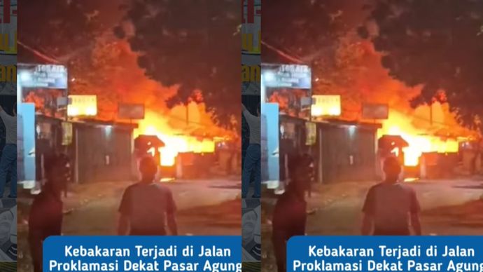 Kebakaran dilaporkan terjadi di kawasan Jalan Proklamasi, dekat Pasar Agung, pada sekitar pukul 22.15 WIB. Satu bangunan dilaporkan terbakar, sementara petugas pemadam kebakaran saat ini masih berada di lokasi dan tengah melakukan proses pemadaman.
