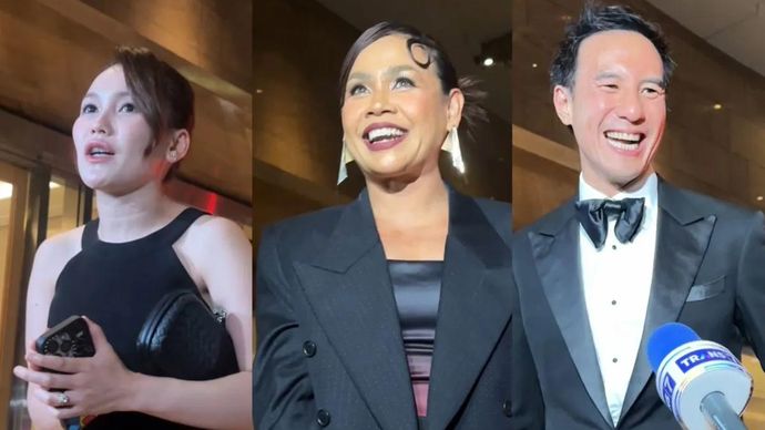 Kolase foto - Ayu Ting Ting (kiri), Melaney Ricardo (tengah), dan Daniel Mananta (kanan) saat menghadiri resepsi pernikahan El Rumi dan Syifa Hadju di Raffles Hotel, Jakarta, Minggu 26 April 2026 malam. ANTARA/Pamela Sakina