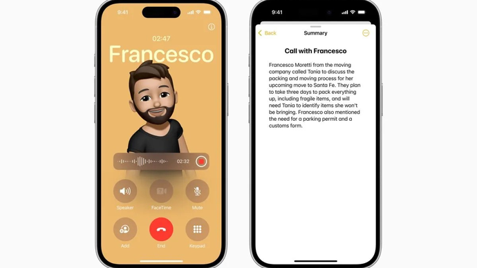 Ilustrasi tampilan fitur ringkasan usai panggilan telepon yang dapat dilakukan Apple Intelligence lewat iOS 18.1. ANTARA/HO-Apple Newsroom
