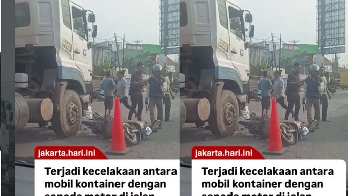 Sabtu (9/5/26) Terjadi kecelakaan pagi ini melibatkan mobil kontainer dengan sepeda motor di jalan Marunda Makmur depan pintu masuk Marunda center. Belum diketahui secara pasti kronologi kejadian tersebut.