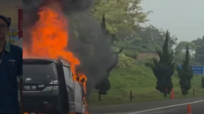 Sebuah mobil mewah Toyota Vellfire dilaporkan terbakar hingga hangus di ruas Tol Cipularang KM 88