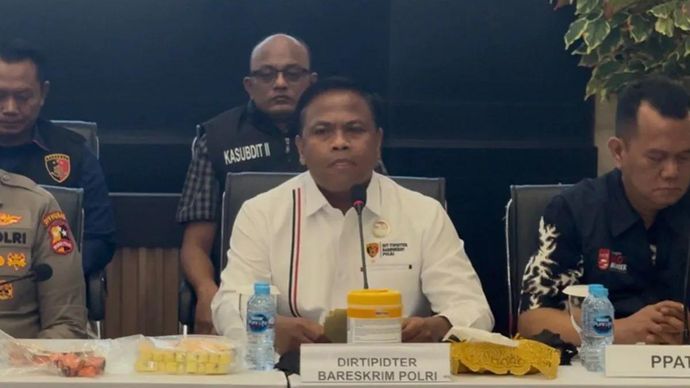 Direktur Tindak Pidana Tertentu (Dirtipidter) Bareskrim Polri Brigjen Pol. Moh. Irhamni saat jumpa pers di Mabes Polri, Selasa 21 April 2026. ANTARA/Walda Marison.