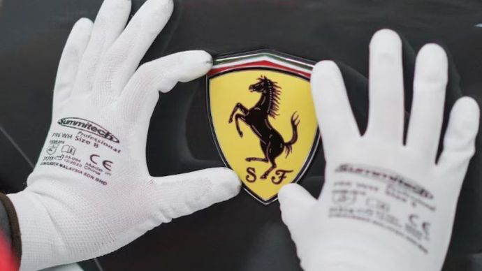 Logo Ferrari sedang dipasang pada mobil Ferrari di fasilitas "e-building" baru Ferrari, tempat produsen mobil sport mewah tersebut menguji lini produksi sebelum dimulainya produksi mobil yang diperkirakan pada awal tahun 2025, di Maranello, Italia, 21 Juni 2024. (Foto: Dok/Daniele Mascolo/Reuters)