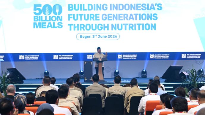 Prabowo Subianto pada acara Building Indonesia&rsquo;s Future Generations Through Nutrition di Sentul International Convention Center (SICC), Kabupaten Bogor, Jawa Barat