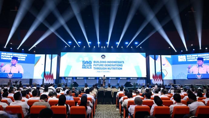 Prabowo Subianto pada acara Building Indonesia&rsquo;s Future Generations Through Nutrition di Sentul International Convention Center (SICC), Kabupaten Bogor, Jawa Barat