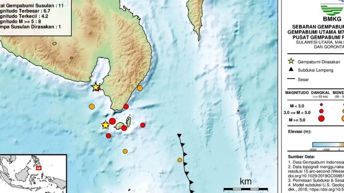Peta sebaran gempa susulan usai gempa utama M7,7 di wilayah Pantai Selatan Mindanao, Filipina. ANTARA/HO-BMKG