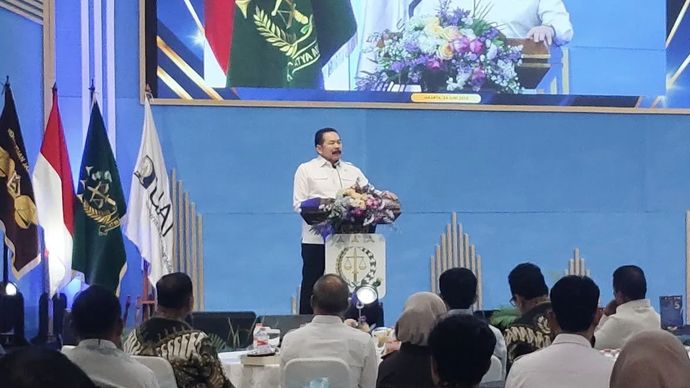Jaksa Agung ST Burhanuddin berbicara dalam acara Seminar Nasional Refleksi Enam Bulan Implementasi KUHP dan KUHAP serta Bedah Buku di Jakarta, Rabu, 24 Juni 2026.