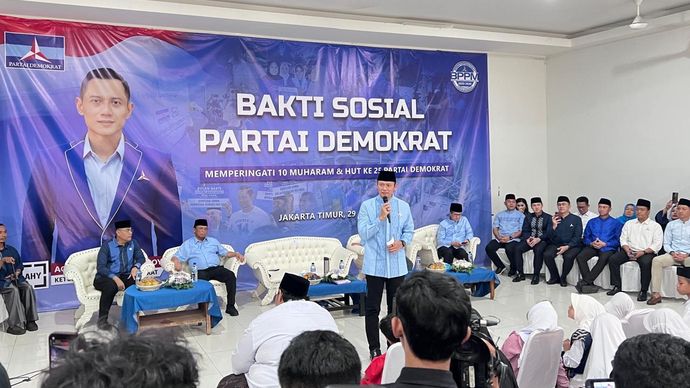 Ketua Umum Partai Demokrat Agus Harimurti Yudhoyono (AHY) saat berpidato di acara bakti sosial, Senin, 29 Juni 2026. 