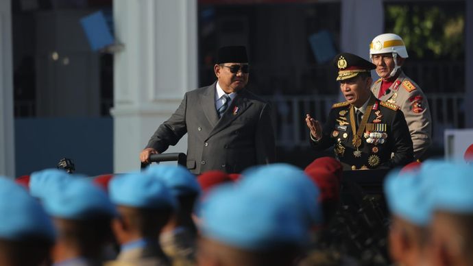 Presiden Prabowo Subianto menyampaikan amanat saat Upacara Peringatan HUT Ke-80 Bhayangkara di Satlat Brimob Polri, Cikeas, Kabupaten Bogor, Rabu, 1 Juli 2026