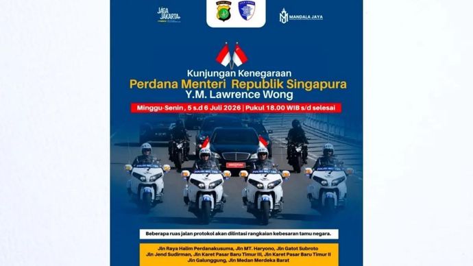 Direktorat Lalu Lintas Polda Metro Jaya melakukan pengaturan arus lalu lintas di sejumlah ruas jalan di Jakarta guna mengamankan rangkaian kunjungan kenegaraan Perdana Menteri (PM) Singapura Lawrence Wong ke Indonesia pada 5-6 Juli 2026