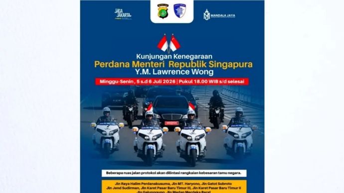 Direktorat Lalu Lintas Polda Metro Jaya melakukan pengaturan arus lalu lintas di sejumlah ruas jalan di Jakarta guna mengamankan rangkaian kunjungan kenegaraan Perdana Menteri (PM) Singapura Lawrence Wong ke Indonesia pada 5-6 Juli 2026. 