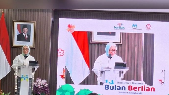 Menteri Pemberdayaan Perempuan dan Perlindungan Anak Arifah Fauzi dalam acara peluncuran Kampanye Bersama Lindungi Anak (Berlian) di Jakarta, Senin, 6 Juli 2026. 