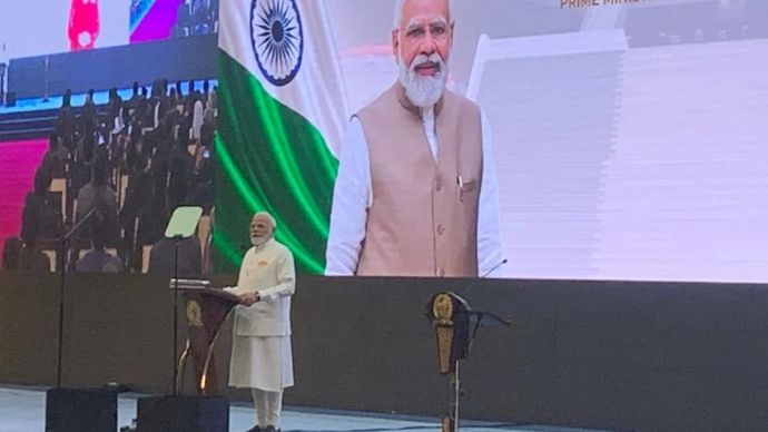 Perdana Menteri India Narendra Modi saat berpidato di kompleks parlemen, Jakarta, Selasa, 7 Juli 2026