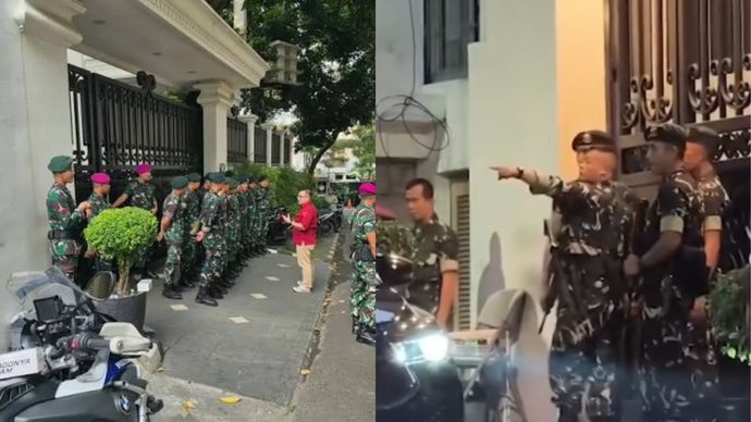 Sejumlah anggota TNI berjaga-jaga di rumah mewah diduga milik jaksa di Jakarta Selatan.  