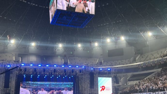 Presiden Prabowo Subianto menghadiri puncak peringatan Hari Koperasi Nasional (Harkopnas) ke-79 yang berlangsung di Indonesia Arena, Kompleks Gelora Bung Karno (GBK), Jakarta, pada 12 Juli 2026