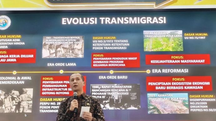 Menteri Transmigrasi Republik Indonesia Muhammad Iftitah Sulaiman Suryanagara saat memaparkan materi program Kementerian Transmigrasi saat FYC Fest - Festival Ekosistem Digital di Surabaya, Sabtu, 11 Juli 2026.