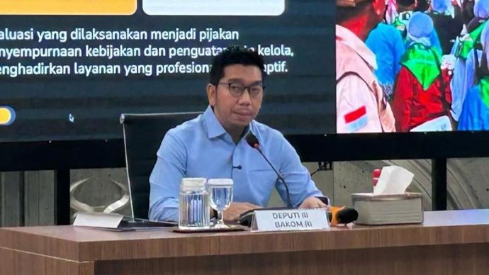 Deputi III Badan Komunikasi Pemerintah (Bakom) RI Kurnia Ramadhana dalam jumpa pers Program Hasil Terbaik Cepat (PHTC) di kantor Bakom, Jakarta, Rabu, 15 Juli 2026