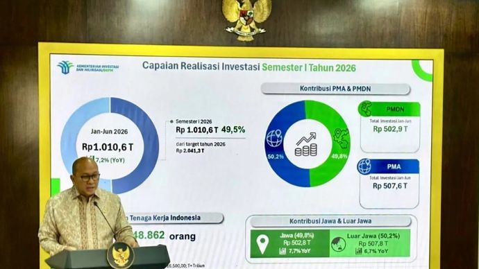 Menteri Investasi dan Hilirisasi/Kepala BKPM Rosan Perkasa Roeslani memberikan keterangan pers setelah melaporkan capaian investasi periode Kuartal II/2026 dan Semester I/2026 kepada Presiden Prabowo Subianto di Istana Kepresidenan RI, Jakarta, Kamis, 16 Juli 2026.