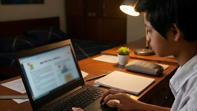 Ilustrasi seorang anak sedang fokus mengerjakan tugas menggunakan laptop di kamarnya pada malam hari.