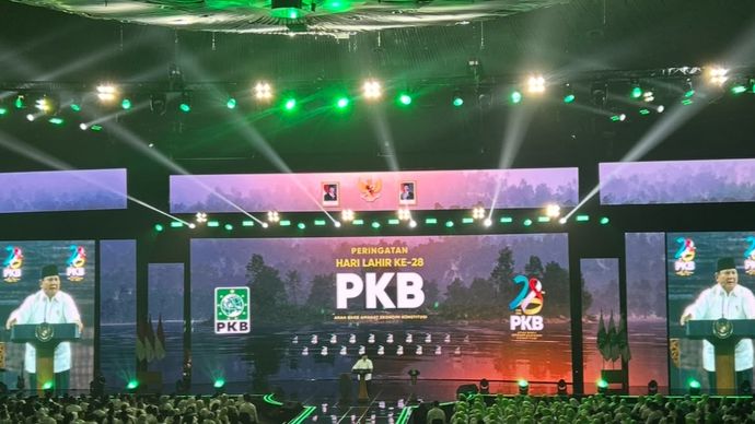 Prabowo Subianto mengaku bahagia dan terharu dapat menghadiri Hari Lahir (Harlah) ke-28 PKB di JCC, Jakarta Kamis, 23 Juli 2026 malam