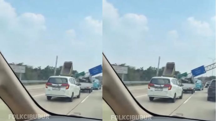 Kecelakaan tunggal, sebuah bak truk secara mendadak terangkat dan menghantam Palang Rambu di Jl Tol Cijago arah Tangerang di Km 39,4 sebelum exit tol Bojonggede pada Jum&rsquo;at (24/07/2026) sekira pukul 12:30 WIB. 