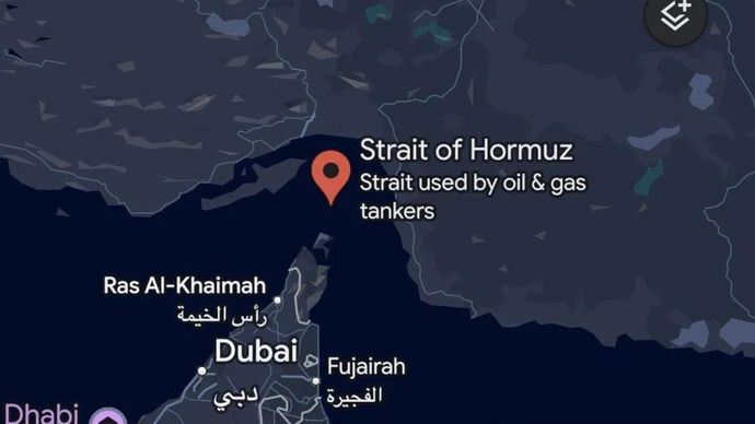 Penampakan peta Selat Hormuz dan pesisir Fujairah di Dubai, Uni Emirat Arab