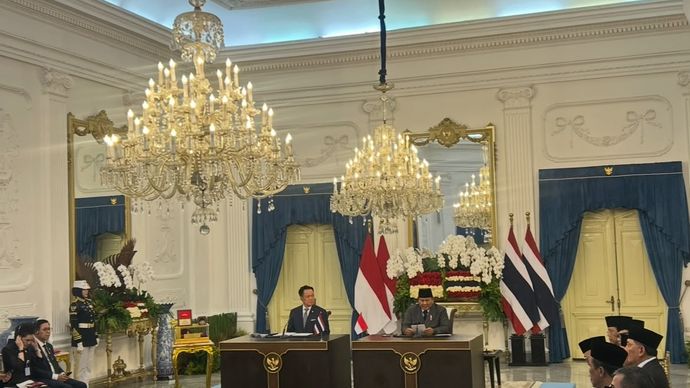 Presiden Prabowo Subianto dan Perdana Menteri Thailand Anutin Charnvirakul Saat Join Statement di Istana Merdeka