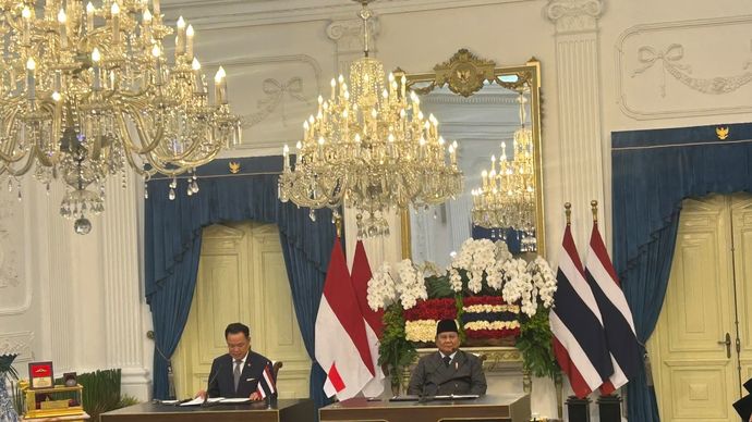 Presiden Prabowo Subianto dan Perdana Menteri Thailand Anutin Charnvirakul Saat Join Statement di Istana Merdeka