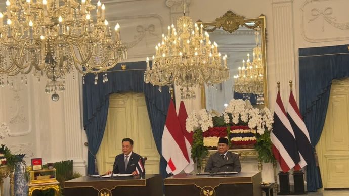 Presiden Prabowo Subianto dan Perdana Menteri Thailand Anutin Charnvirakul Saat Join Statement di Istana Merdeka