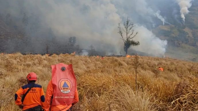 Petugas gabungan memadamkan kebakaran di kawasan Gunung Bromo yang terus meluas pada Selasa, 4 Agustus 2026.