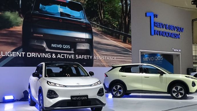 Changan memperkenalkan SUV listrik terbarunya, Changan Nevo Q05, di ajang GIIAS 2026.&nbsp;(Foto: Adiantoro/NTV) 