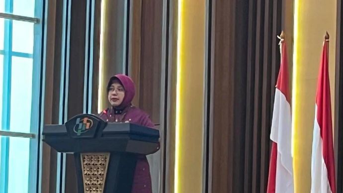 Kepala BPS Amalia Adininggar Widyasanti saat rilis hasil survei Indeks Kepuasan Layanan Haji Indonesia (IKLHI) di Gedung BPS, Jakarta