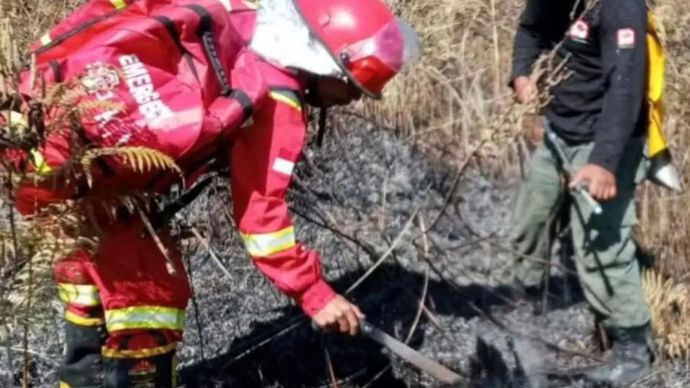 Petugas gabungan Balai TNGR saat melakukan pemadaman kebakaran lahan di kawasan gunung Rinjani di Lombok Timur, Senin (10/8/2026).